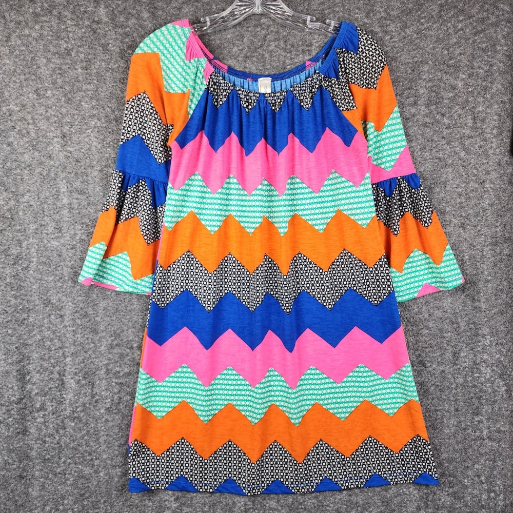 R Rouge Tunic Dress Womens Small Multicolor Chevron Zigzag Bell Sleeve Retro